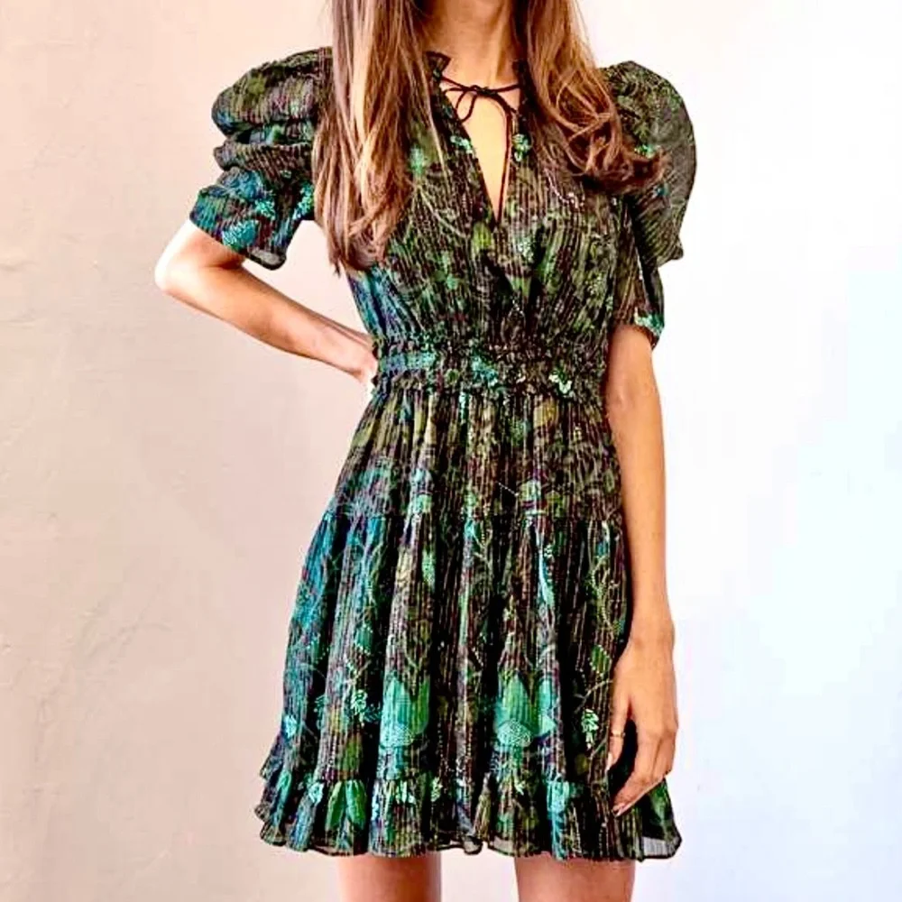 🌺🎉HP🎉🌺 NWT Ulla Johnson Ada Chiffon Mini Dress Rainforest - Picture 6 of 16